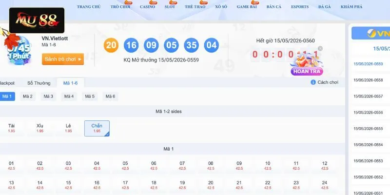 Đặt cược Mã 1-6 Mega 6/45
